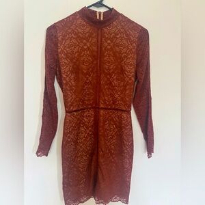 Aritzia Rust Lace Mini Dress – High Neck Long Sleeve